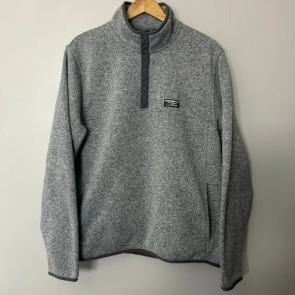 LL Bean Sweater Mens XL Gray Slightly Fitted Fleece Pullover T-Snap Mock Neck - Picture 2 of 7